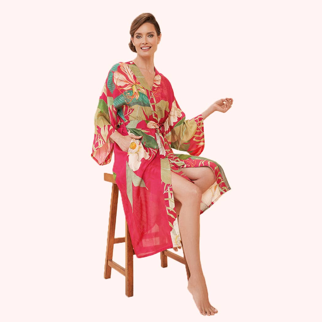 Powder Tropical Kimono Gown in Dark Rose
