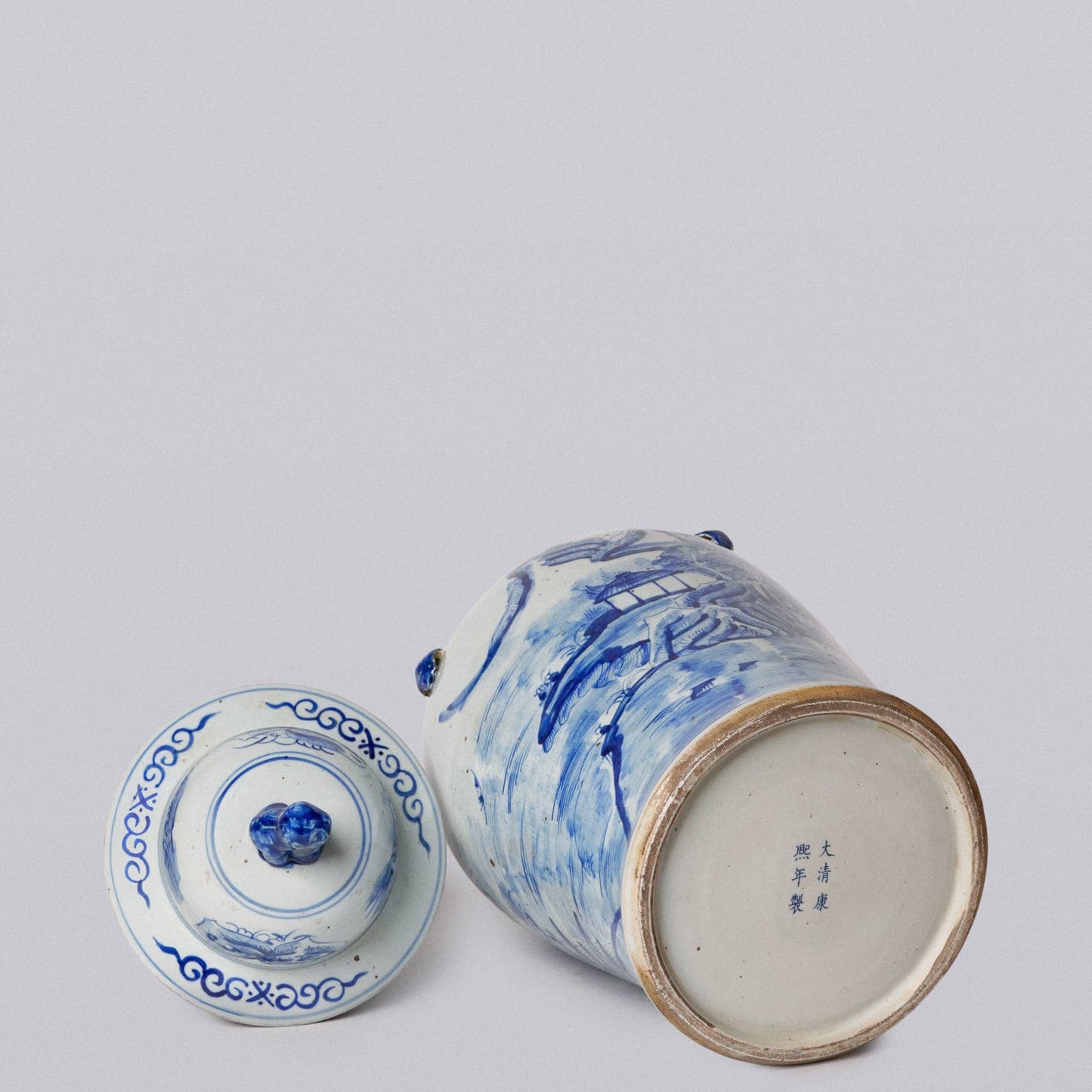 Blue and White River Landscape Porcelain Temple Jar