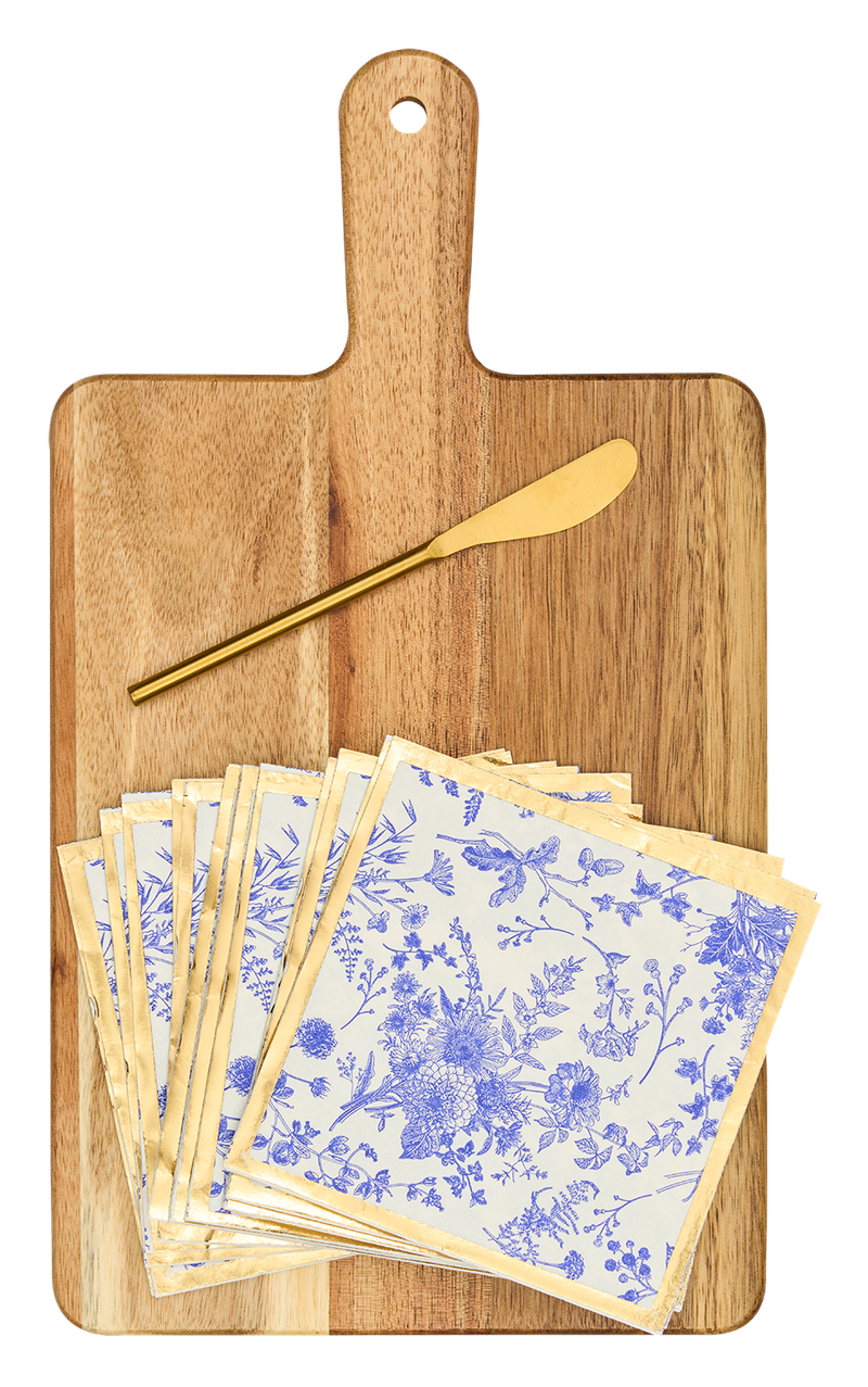 14x8" Charcuterie Board w/ Handle Gold Spreader, Timeless Napkin Set