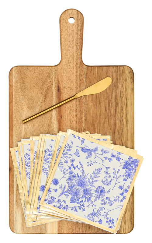 14x8" Charcuterie Board w/ Handle Gold Spreader, Timeless Napkin Set