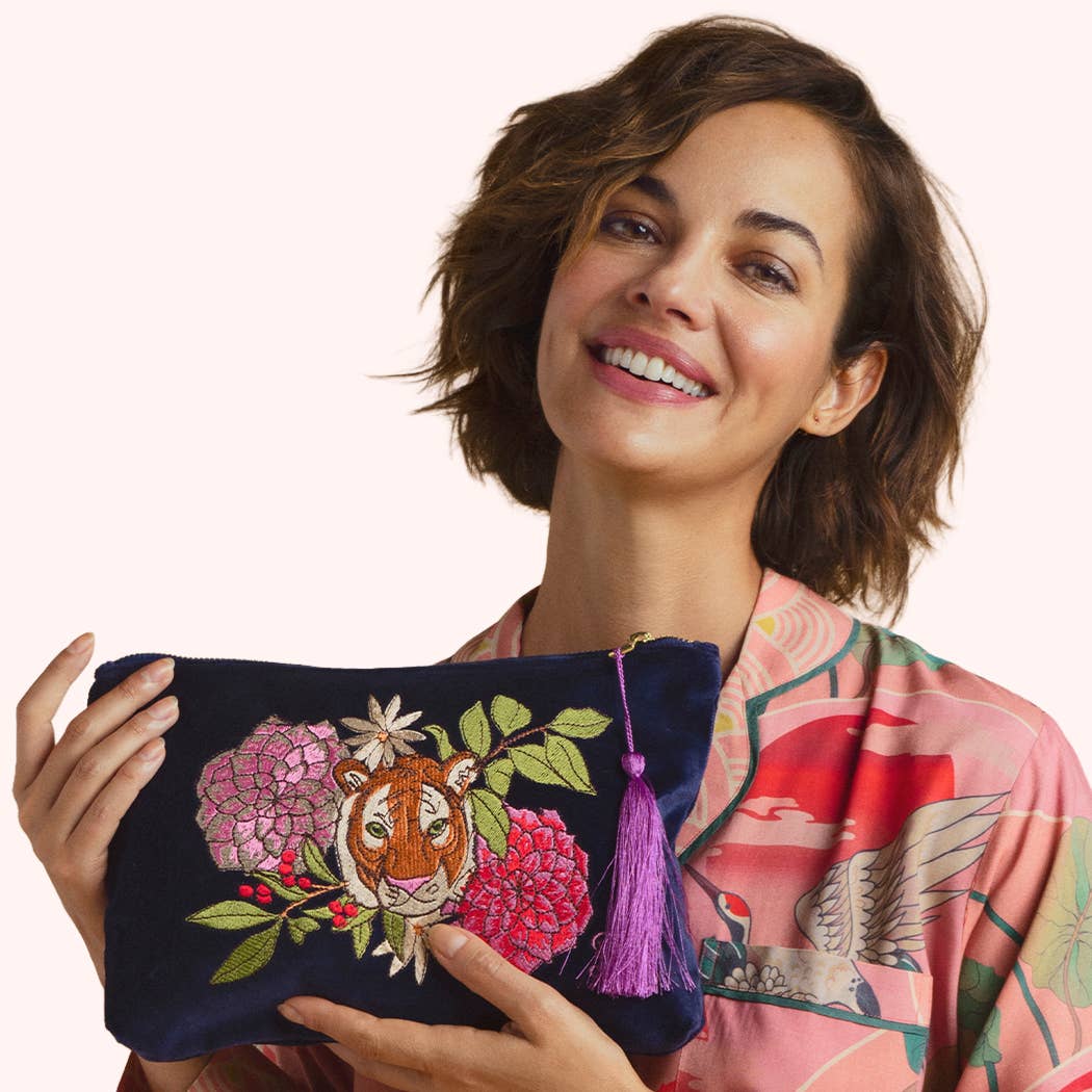 Velvet Zip Pouch - Floral Tiger Face in Indigo