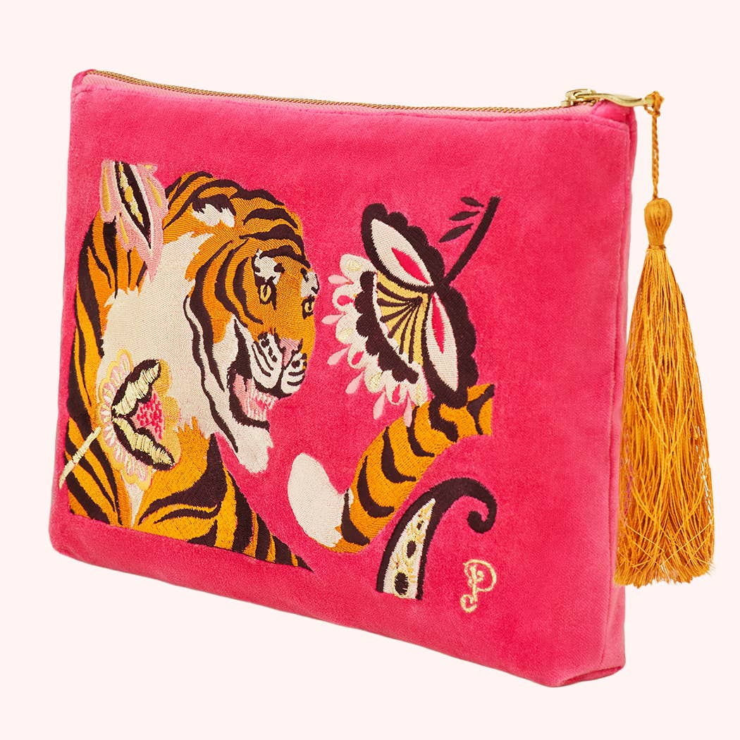 Powder Velvet Embroidered Zip Pouch - Thrill of the Tiger