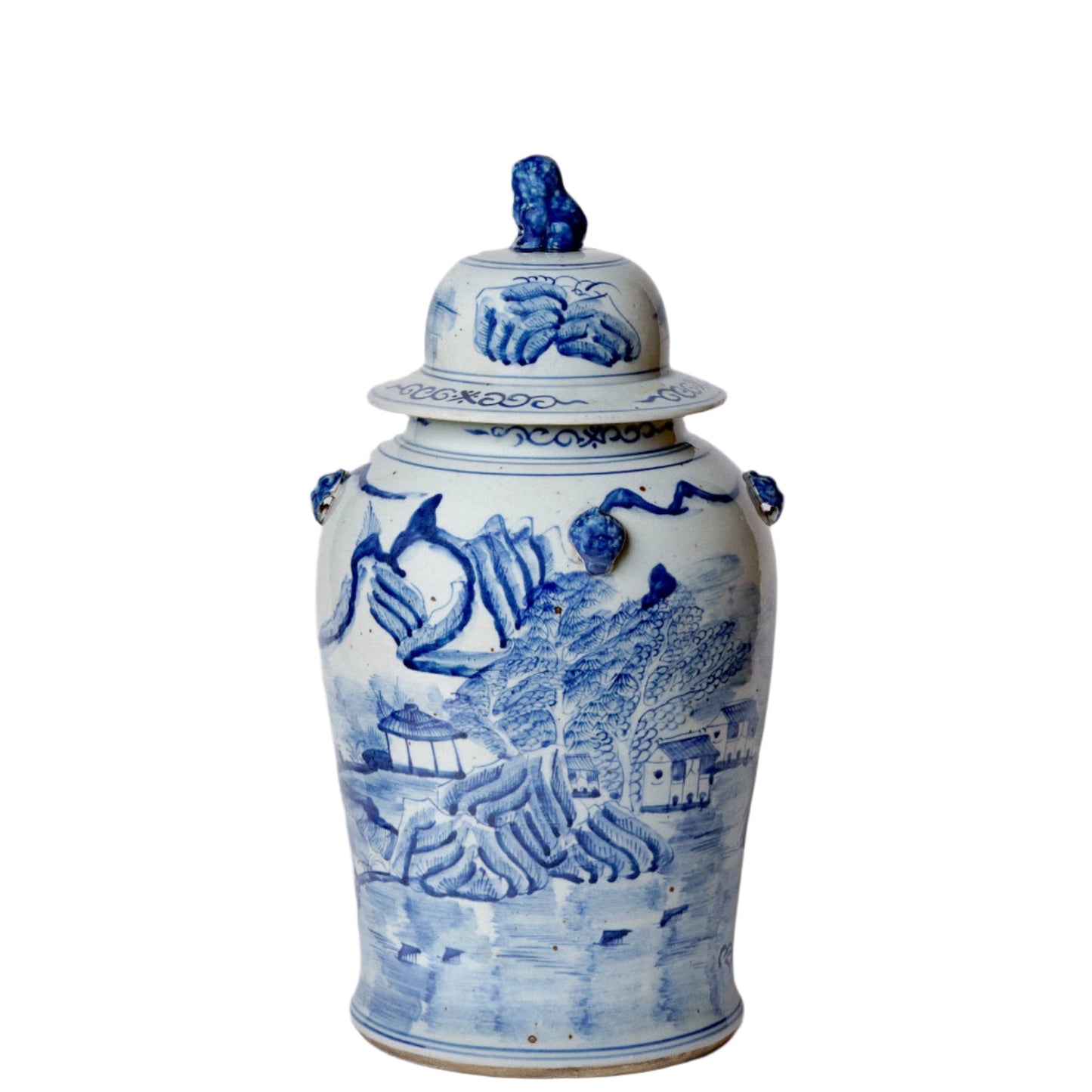 Blue and White River Landscape Porcelain Temple Jar