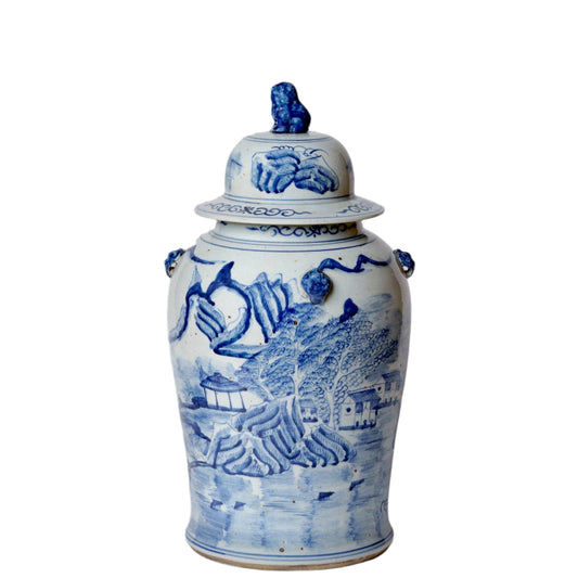Blue and White River Landscape Porcelain Temple Jar