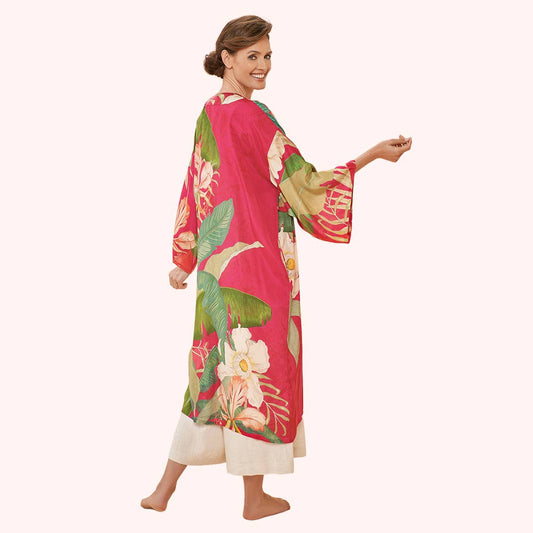 Powder Tropical Kimono Gown in Dark Rose