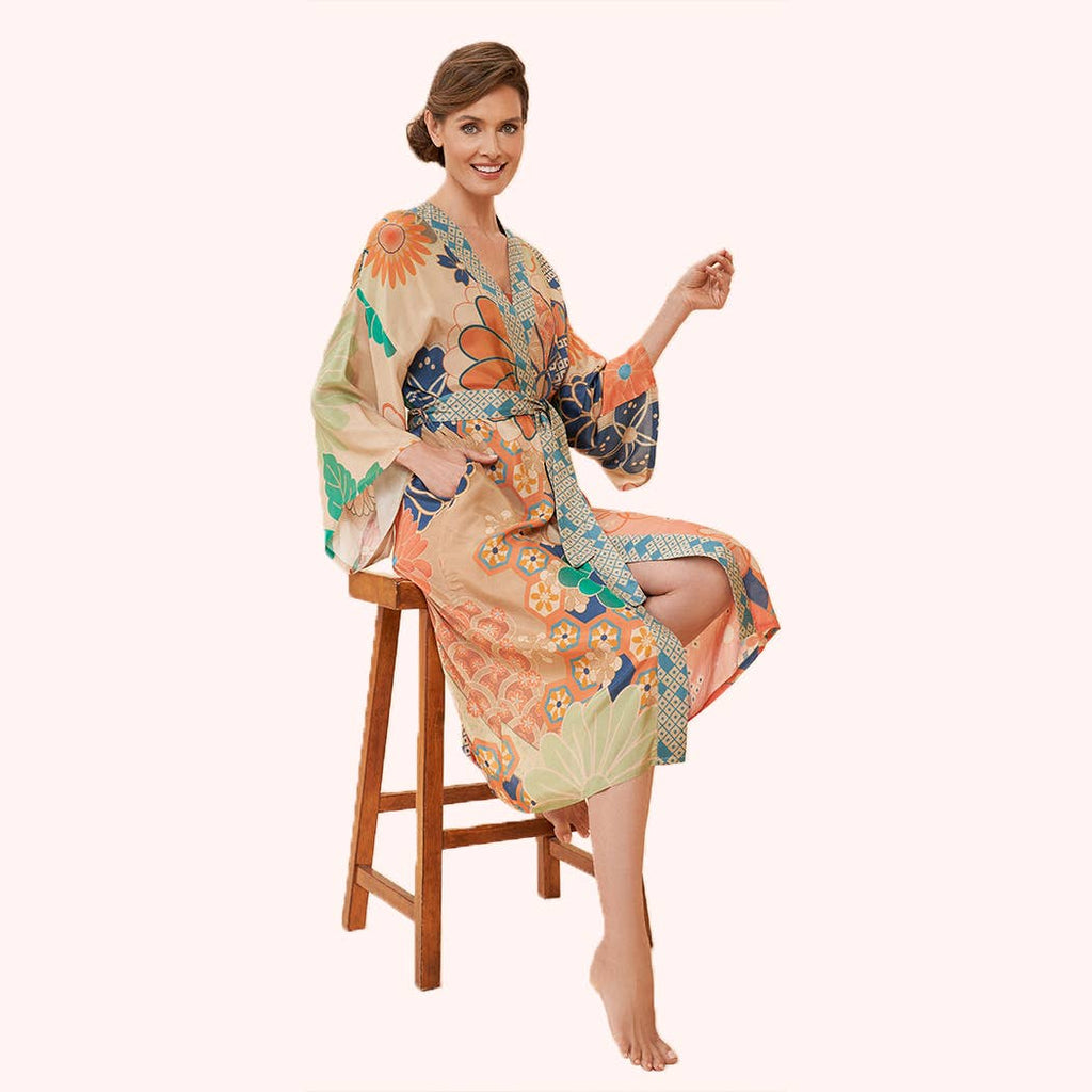 Powder Floral Kimono Gown in Coconut