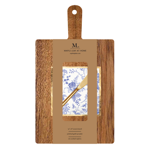 14x8" Charcuterie Board w/ Handle Gold Spreader, Timeless Napkin Set