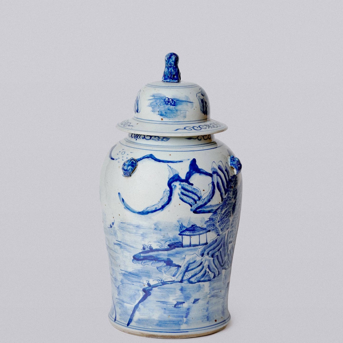 Blue and White River Landscape Porcelain Temple Jar